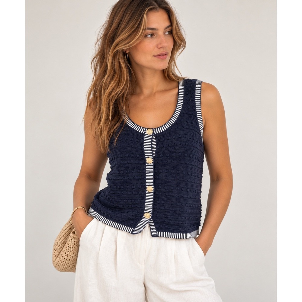 Current Air Navy Crochet Knit Vest Gold Buttons Coastal Preppy SP NWT